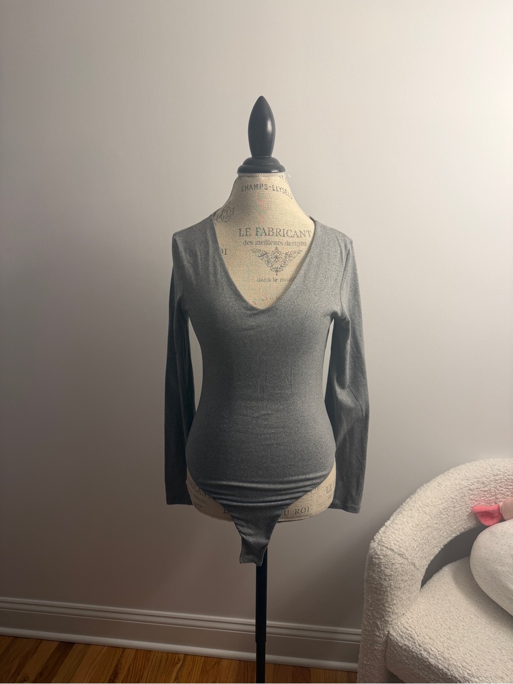 Fashion Nova Metallic Gray Long-Sleeve V-Neck Bodysuit